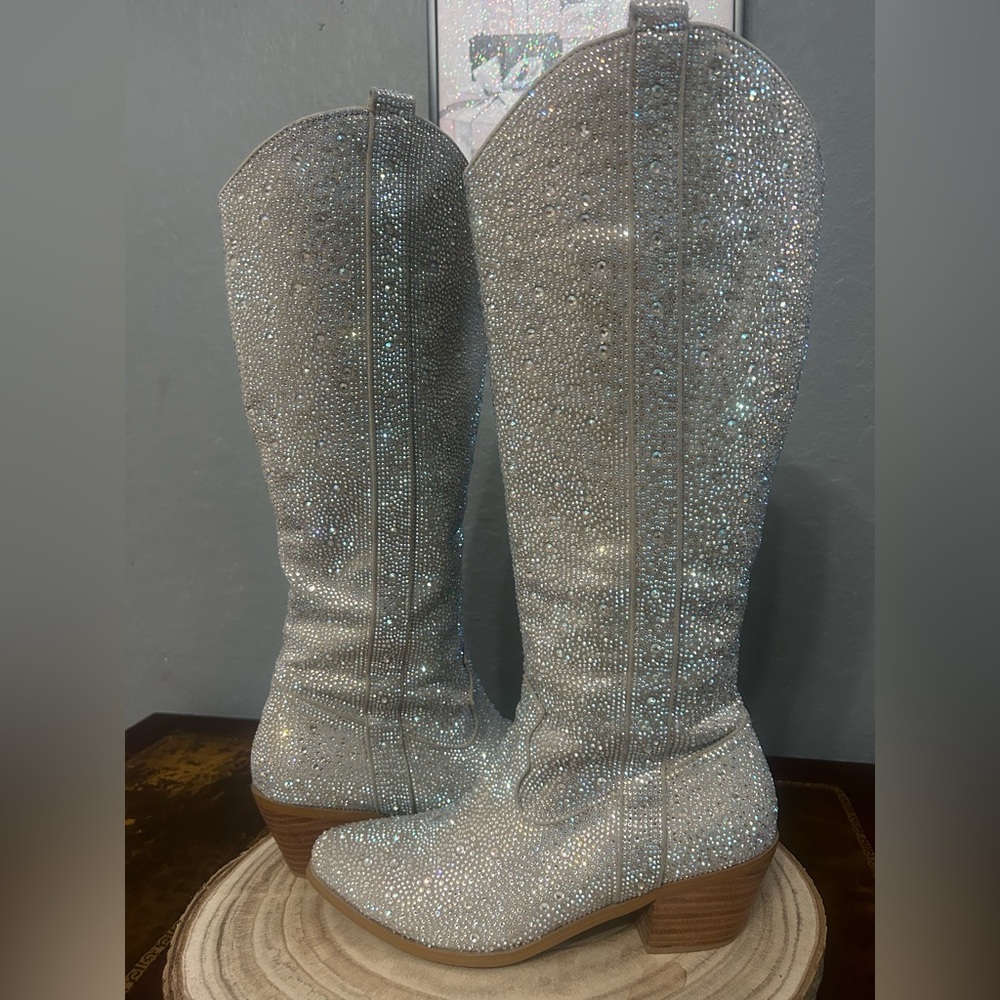 Silver Sparkly Rhinestone Knee High Boots Size 8.5 #954 - Picture 5 of 10